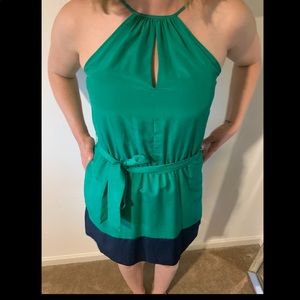 Green and blue color blocked party dress
